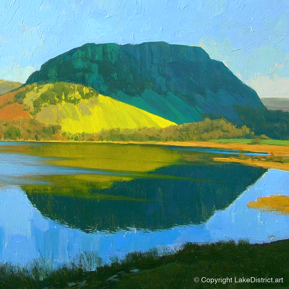 Sunlit Nab Scar Over Water - lake district fell art print and canvas by Daphne Morley A.I