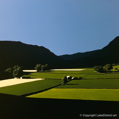 Sunlit Patchwork Fields in a Dale - lake district valley art print and canvas by Adelaide Calloway A.I