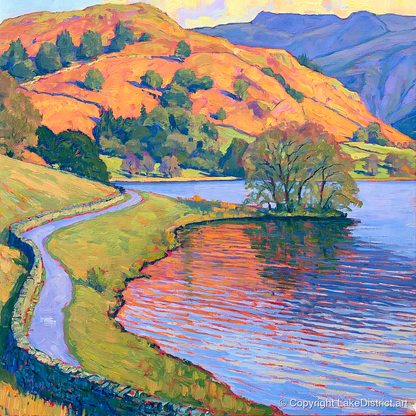 Sunlit Path Beside Rydal Water - lake district lake art print and canvas by Celia Harding A.I