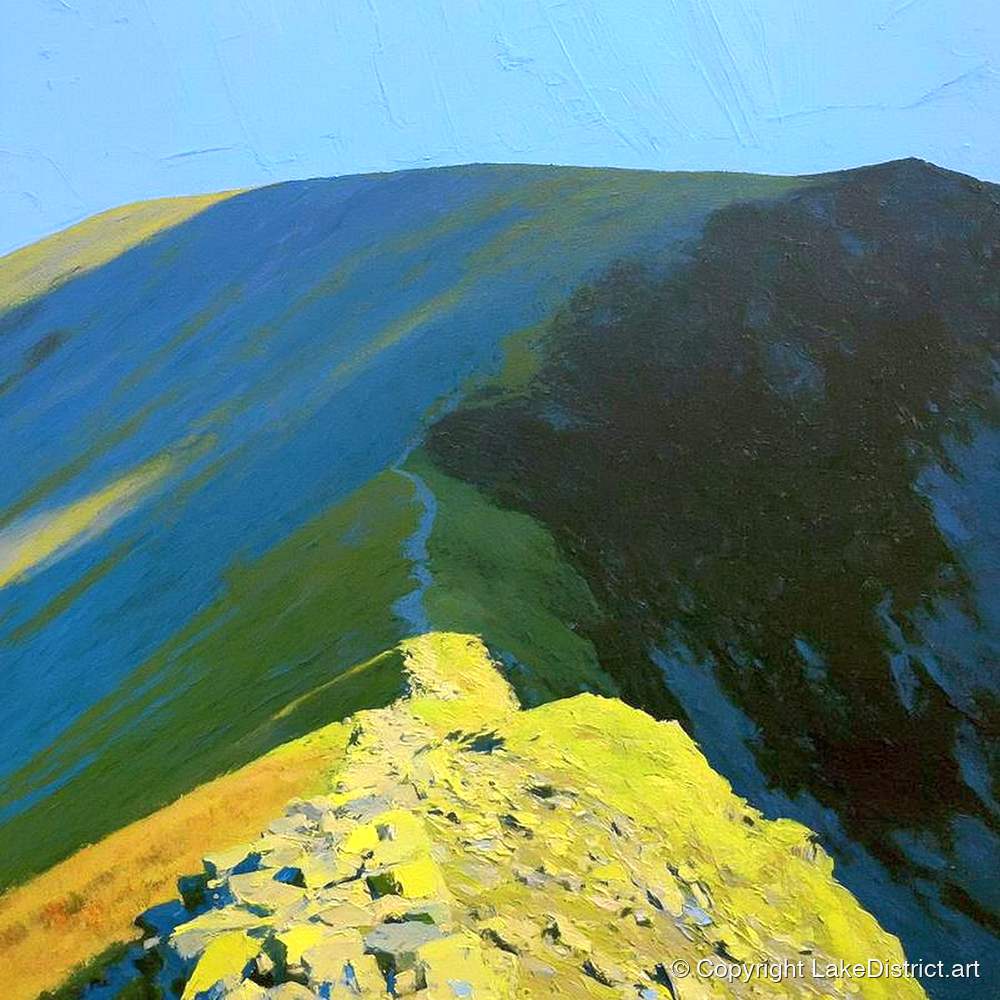 Sunlit Path up Wandope Ridge - lake district fell art print and canvas by Daphne Morley A.I
