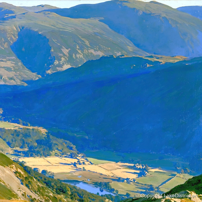 Sunlit Patterdale from Place Fell - lake district village art print and canvas by Percival Kent A.I