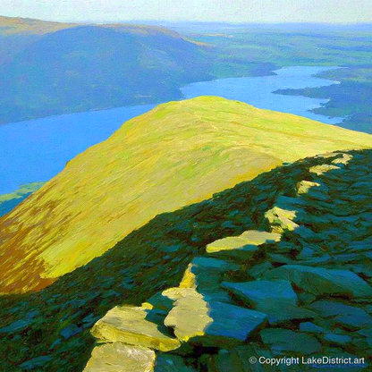 Sunlit Ridge from Heron Pike - lake district fell art print and canvas by Daphne Morley A.I