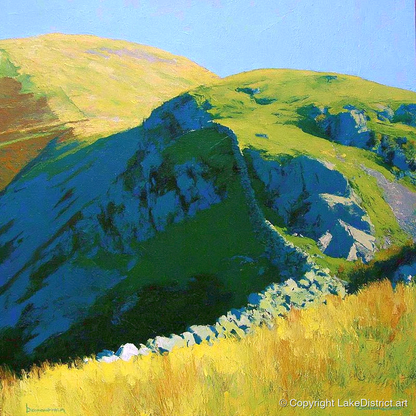 Sunlit Ridge on Birks Fell - lake district fell art print and canvas by Daphne Morley A.I