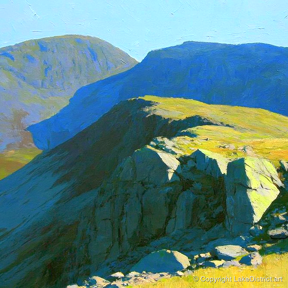 Sunlit Ridge on Crinkle Crags - lake district fell art print and canvas by Daphne Morley A.I