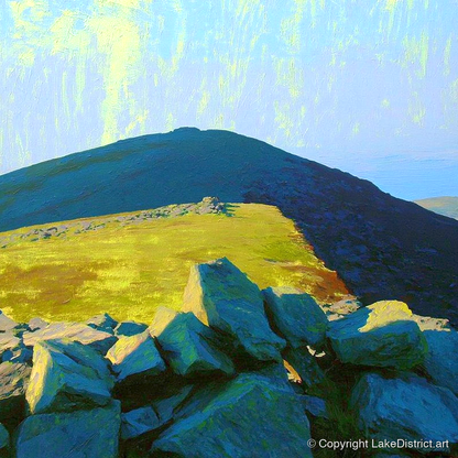 Sunlit Ridge on Gavel Fell - lake district fell art print and canvas by Daphne Morley A.I