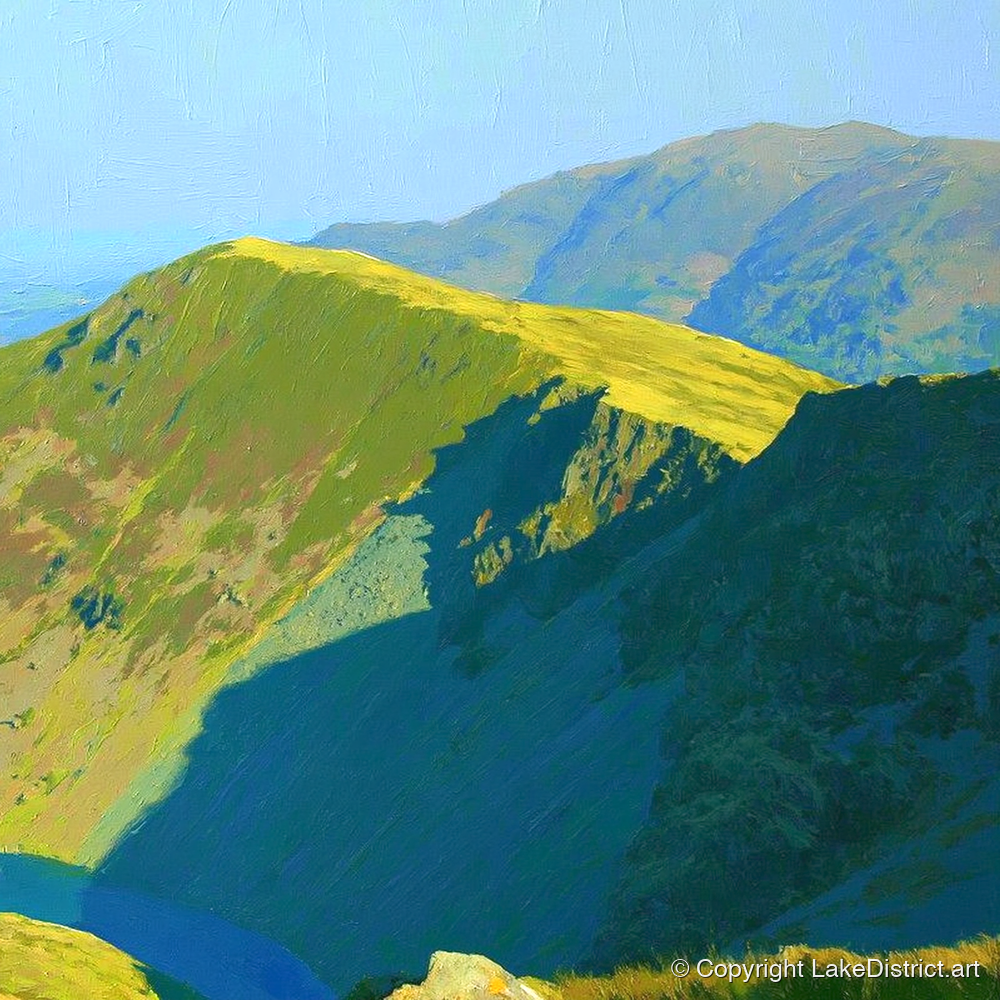Sunlit Ridge on Middle Dodd - lake district fell art print and canvas by Daphne Morley A.I