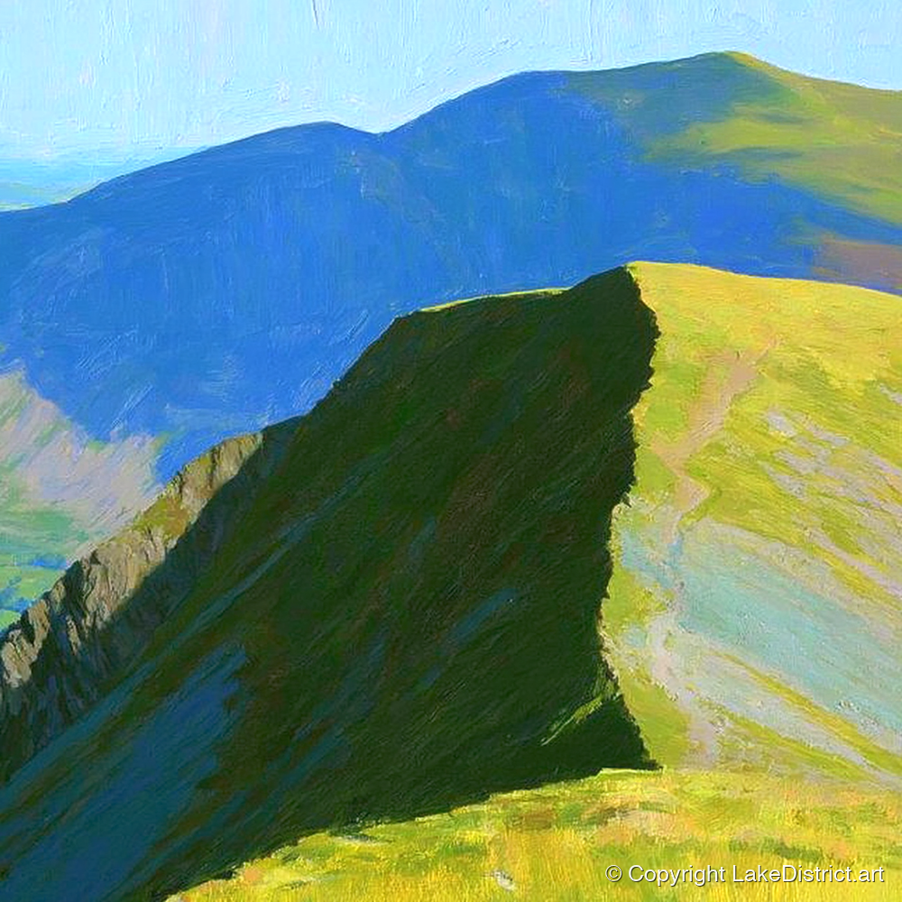 Sunlit Ridge on White Side - lake district fell art print and canvas by Daphne Morley A.I