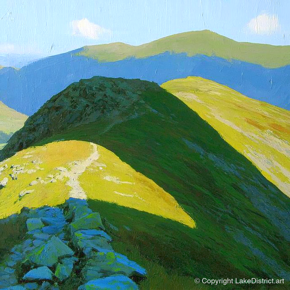 Sunlit Ridge to Cold Pike - lake district fell art print and canvas by Daphne Morley A.I