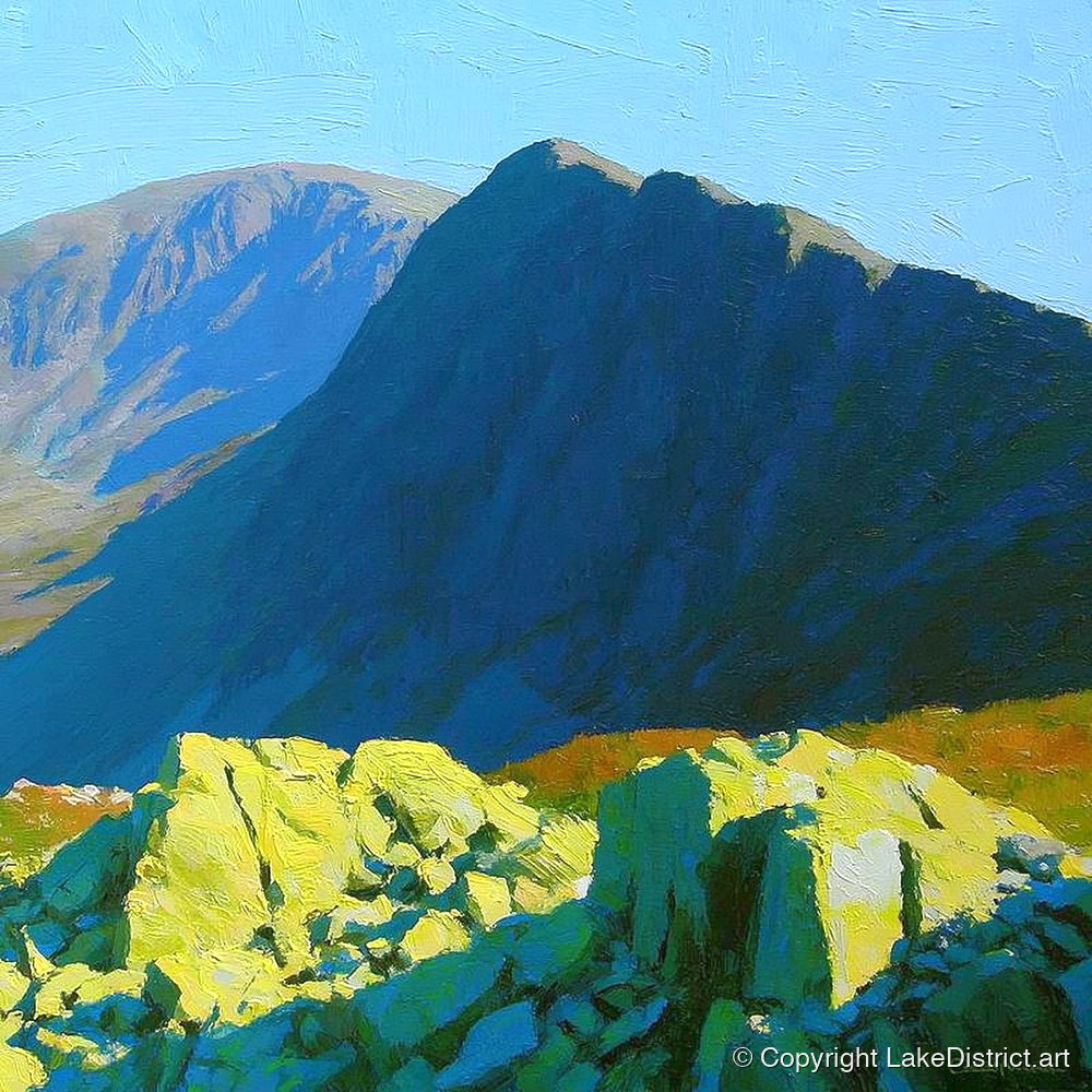 Sunlit Rocks on Great Carrs - lake district fell art print and canvas by Daphne Morley A.I