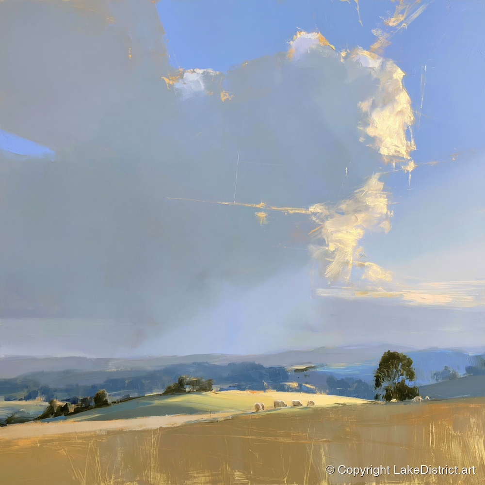 Sunlit Rolling Fells Under Cloud - lake district fell art print and canvas by Elias Thorne A.I