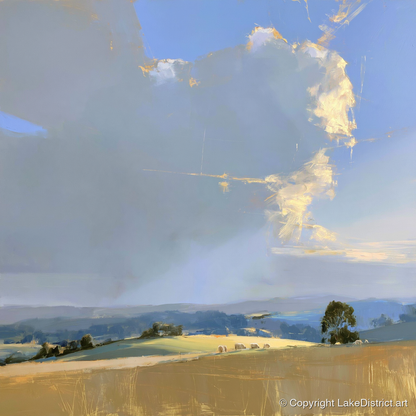 Sunlit Rolling Fells Under Cloud - lake district fell art print and canvas by Elias Thorne A.I