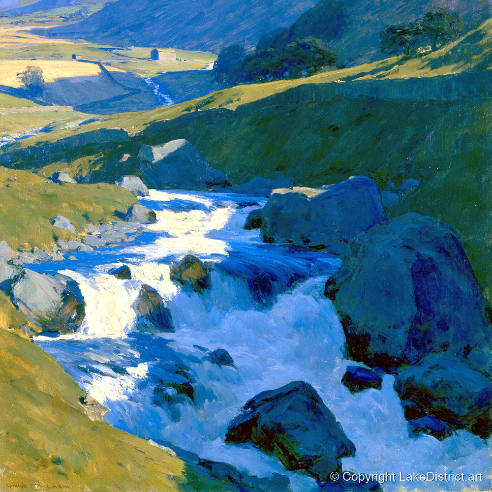 Sunlit Rushing Fellside Beck - lake district waterfall art print and canvas by Percival Kent A.I