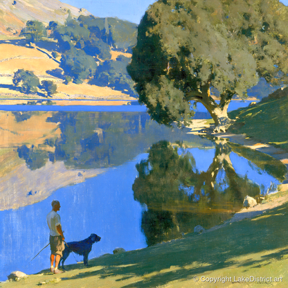 Sunlit Rydal Water Dog Walk - gifts for dog walkers art print and canvas by Percival Kent A.I