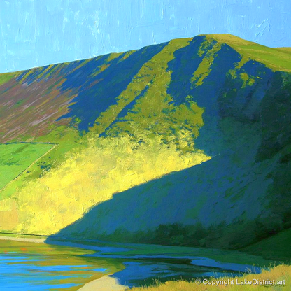 Sunlit Slopes of Lonscale Fell - lake district fell art print and canvas by Daphne Morley A.I