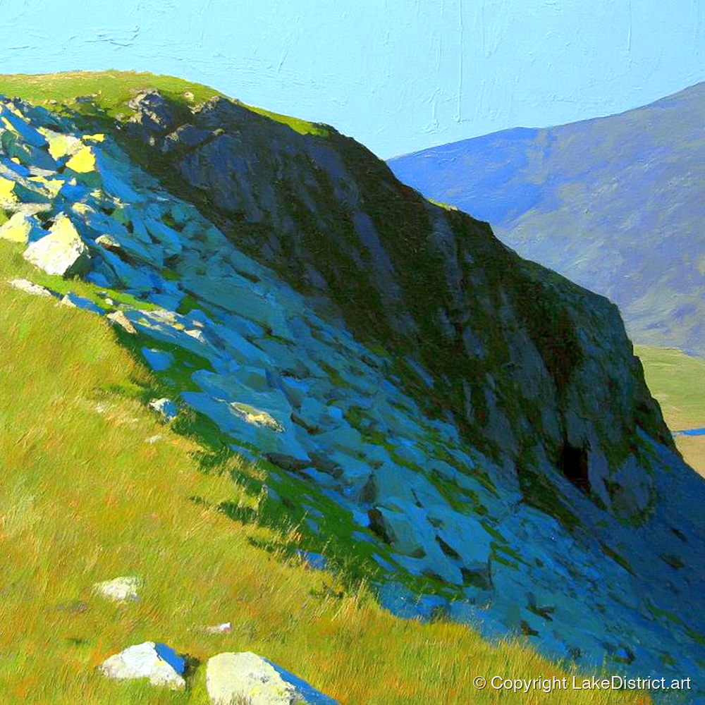 Sunlit Slopes on Rossett Pike - lake district fell art print and canvas by Daphne Morley A.I
