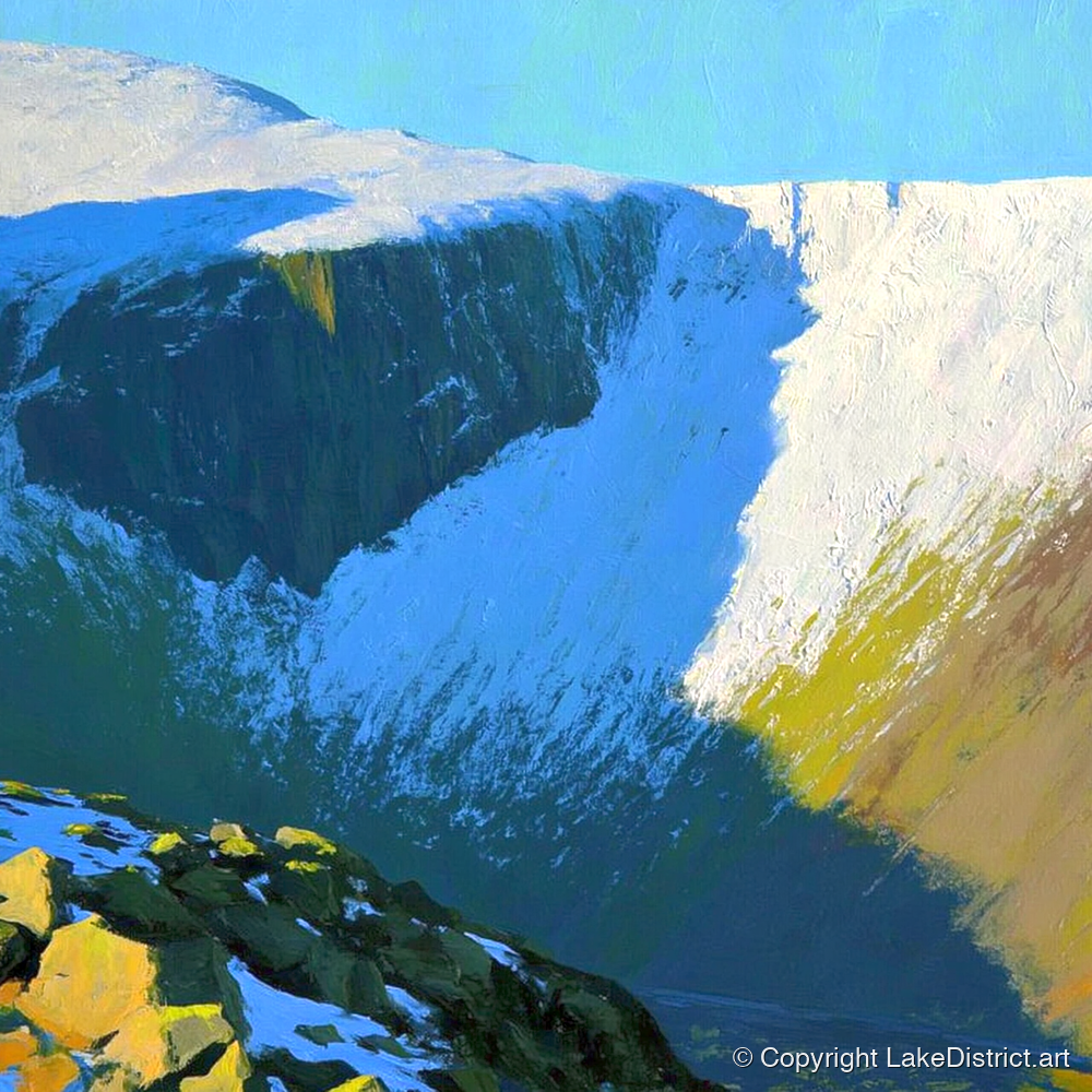Sunlit Snow on Lingmell Crags - lake district fell art print and canvas by Daphne Morley A.I