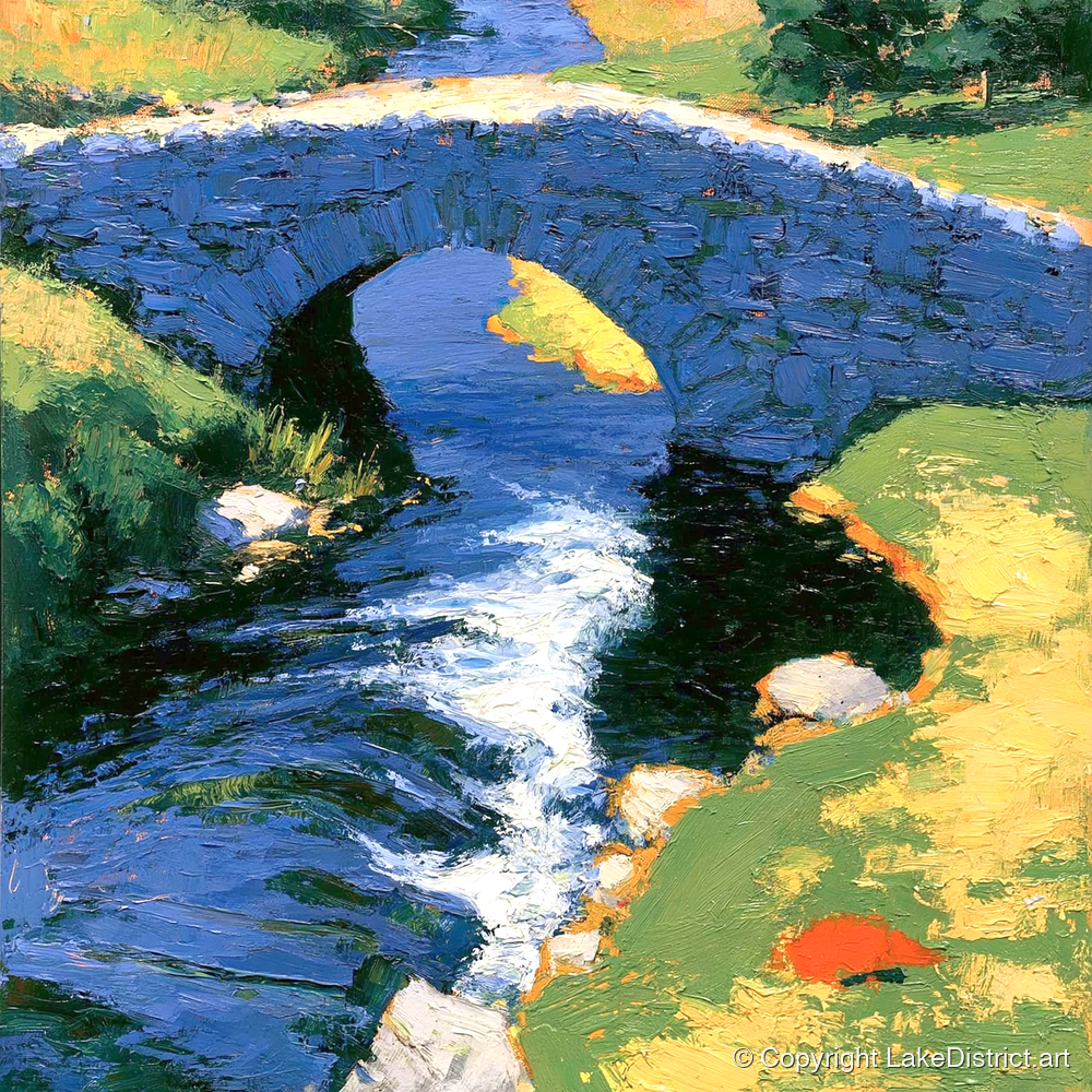 Sunlit Stone Bridge and Beck - lake district waterfall art print and canvas by Hugo Beckett A.I