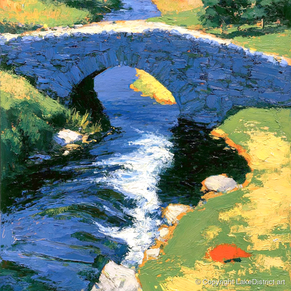 Sunlit Stone Bridge and Beck - lake district waterfall art print and canvas by Hugo Beckett A.I