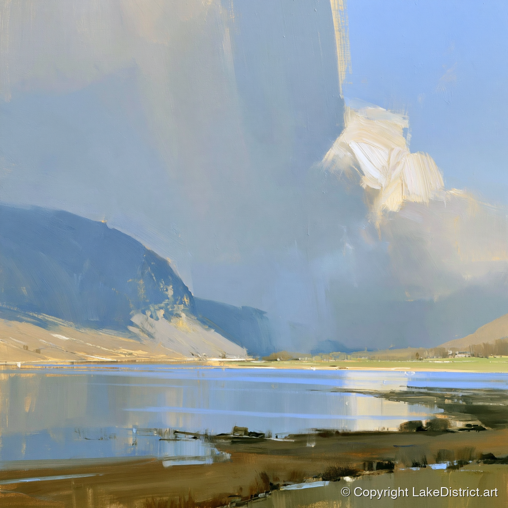 Sunlit Storm Cloud Over the Lake - lake district sky art print and canvas by Elias Thorne A.I