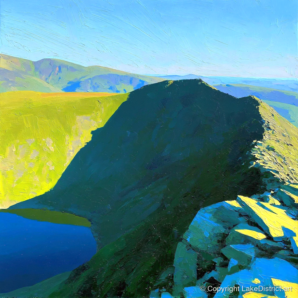 Sunlit Striding Edge on Helvellyn - lake district walking art print and canvas by Daphne Morley A.I