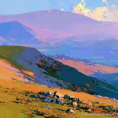 Sunlit Summit and Purple Fells - lake district fell art print and canvas by Oscar Bellamy A.I
