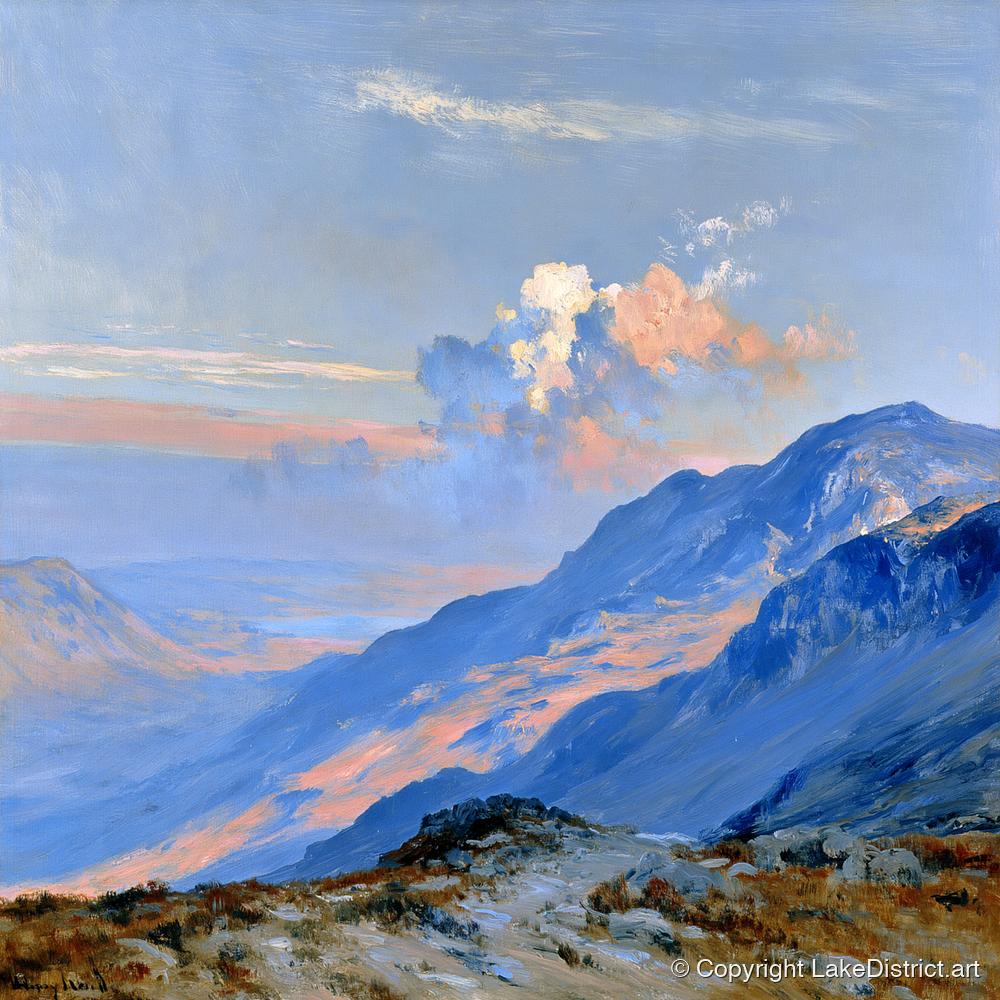 Sunlit Summit Over Blue Fells - lake district fell art print and canvas by Gabriel Hayes A.I