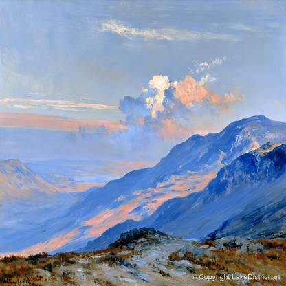 Sunlit Summit Over Blue Fells - lake district fell art print and canvas by Gabriel Hayes A.I