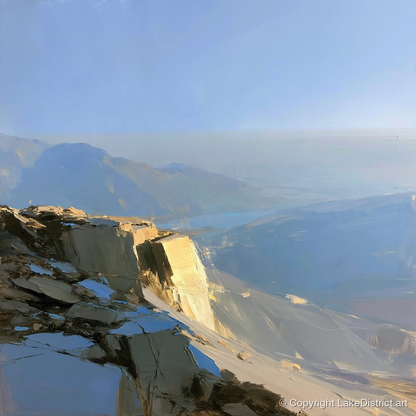 Sunlit Summit Over Hazy Fells - lake district fell art print and canvas by Elias Thorne A.I