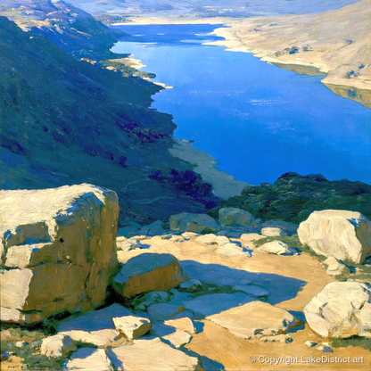 Sunlit Summit View Over Water - lake district fell art print and canvas by Percival Kent A.I