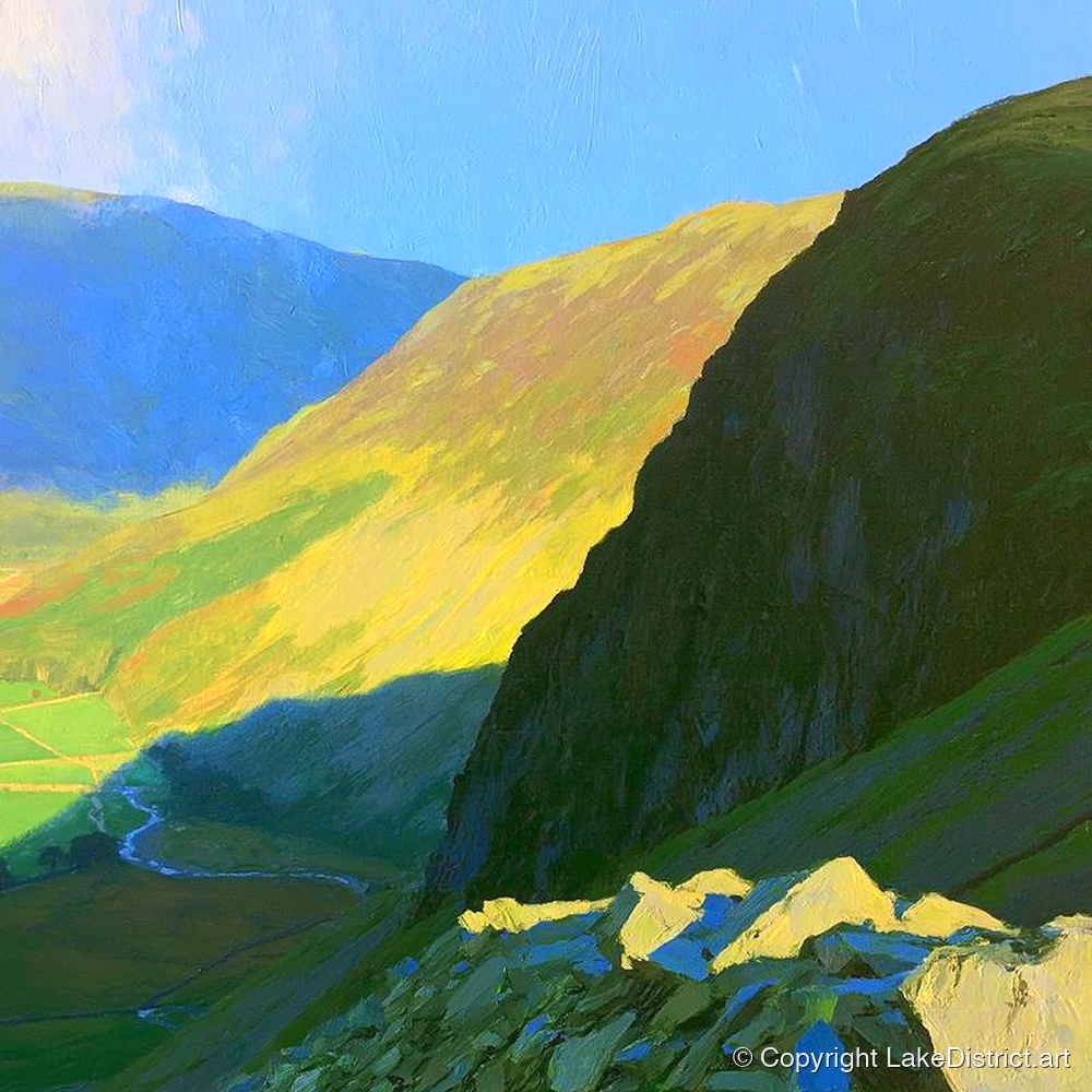 Sunlit Tarn Crag and Valley - lake district fell art print and canvas by Daphne Morley A.I