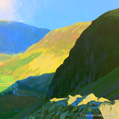Sunlit Tarn Crag and Valley - lake district fell art print and canvas by Daphne Morley A.I