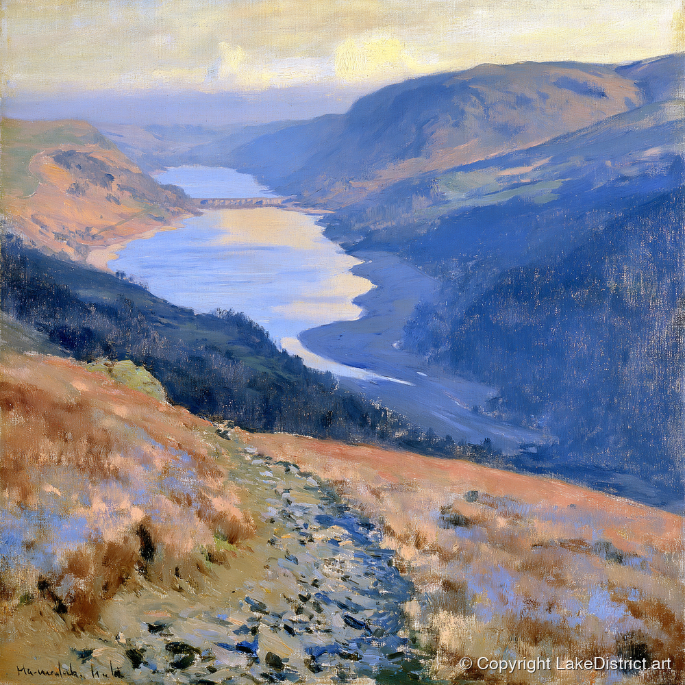 Sunlit Thirlmere from Helvellyn Path - lake district lake art print and canvas by Gabriel Hayes A.I