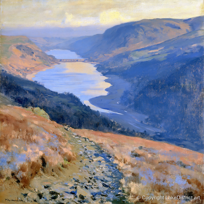 Sunlit Thirlmere from Helvellyn Path - lake district lake art print and canvas by Gabriel Hayes A.I