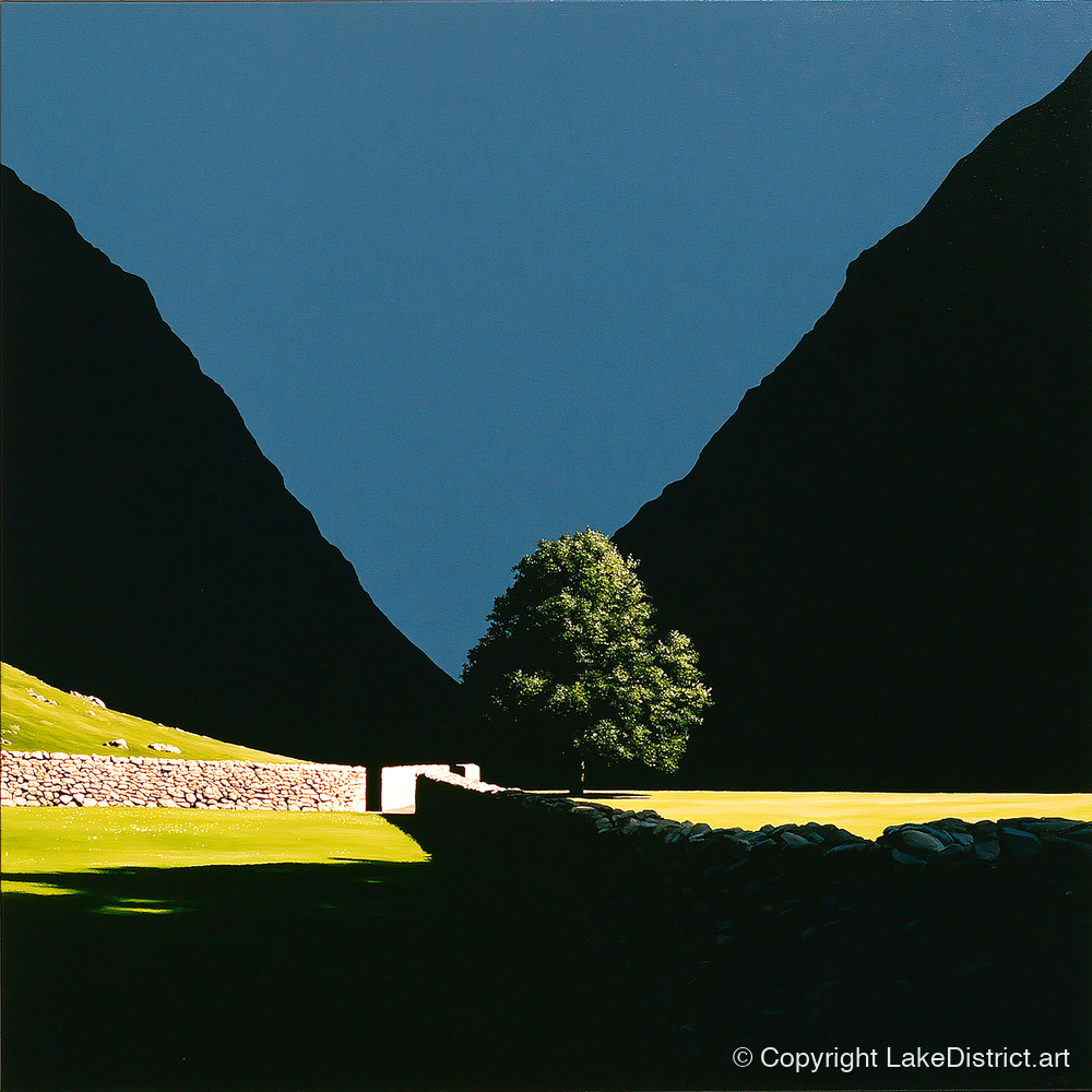 Sunlit Tree Between Silhouetted Fells - lake district valley art print and canvas by Adelaide Calloway A.I