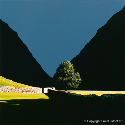 Sunlit Tree Between Silhouetted Fells - lake district valley art print and canvas by Adelaide Calloway A.I