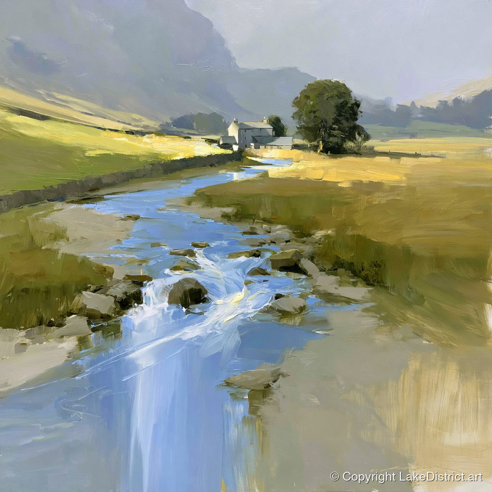 Sunlit Valley Beck and Farmhouse - lake district waterfall art print and canvas by Elias Thorne A.I