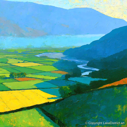 Sunlit Valley Fields and Winding River - lake district sky art print and canvas by Daphne Morley A.I