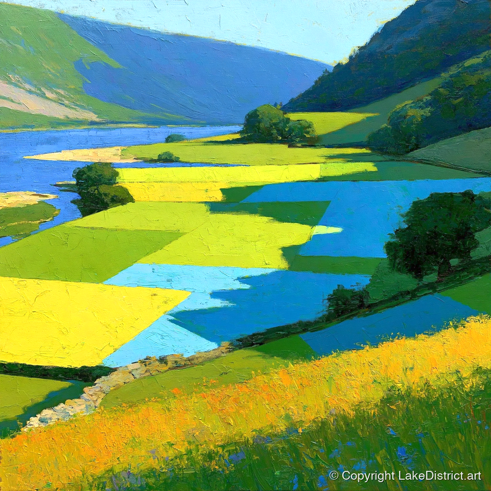 Sunlit Valley Pastures and Blue Shadows - lake district valley art print and canvas by Daphne Morley A.I