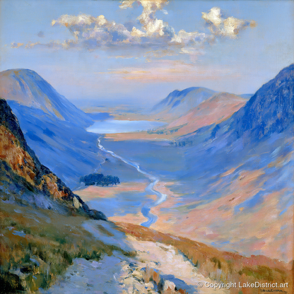 Sunlit Valley Trail from Haystacks - lake district fell art print and canvas by Gabriel Hayes A.I