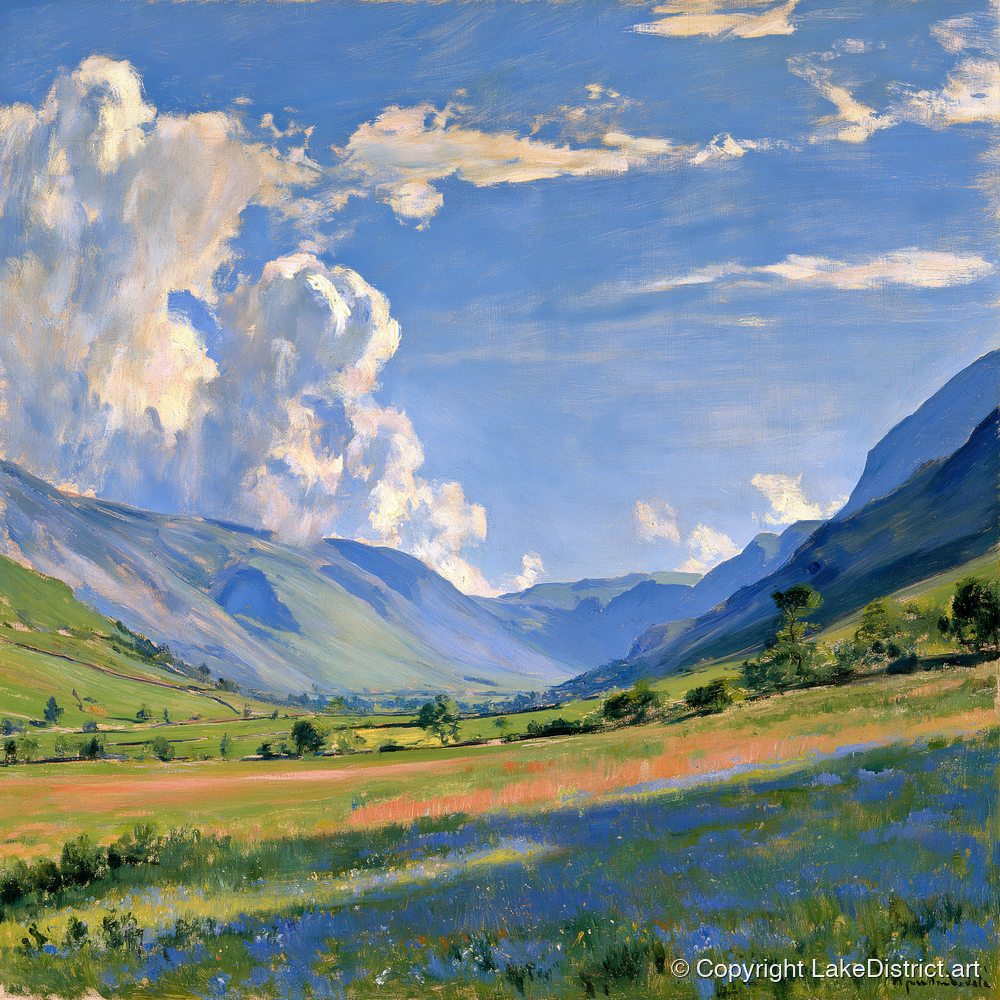 Sunlit Valley Under Billowing Clouds - lake district valley art print and canvas by Gabriel Hayes A.I