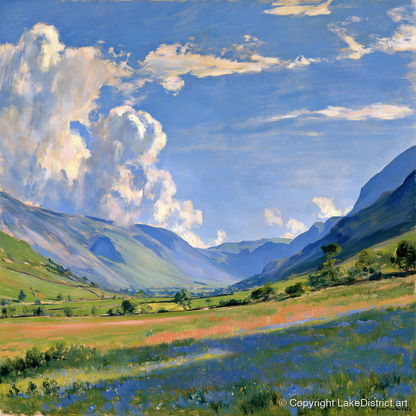Sunlit Valley Under Billowing Clouds - lake district valley art print and canvas by Gabriel Hayes A.I