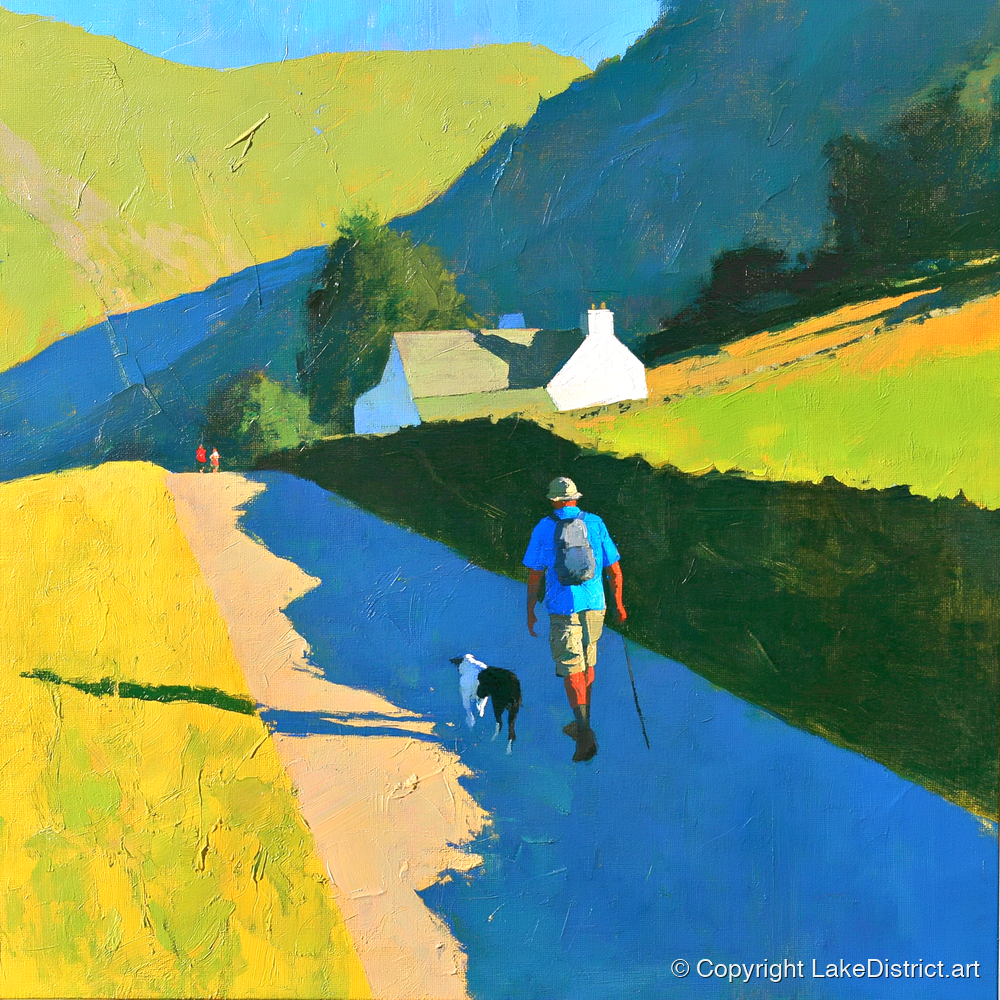 Sunlit Walker and Dog Near Patterdale - gifts for dog walkers art print and canvas by Daphne Morley A.I