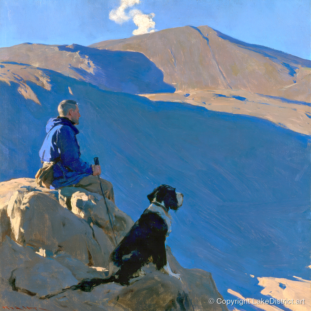 Sunlit Walker and Dog on Great Gable - gifts for dog walkers art print and canvas by Percival Kent A.I