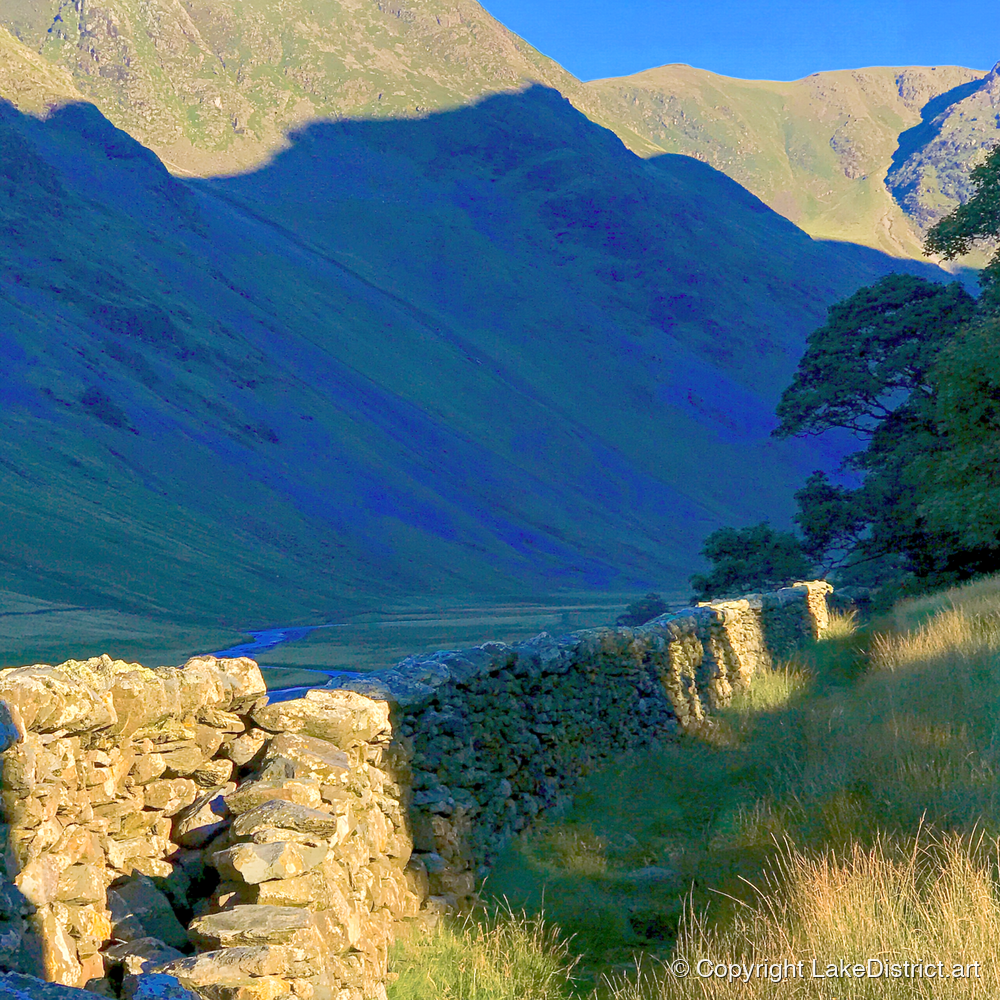 Sunlit Wall and Shadowed Fells - lake district valley art print and canvas by Percival Kent A.I