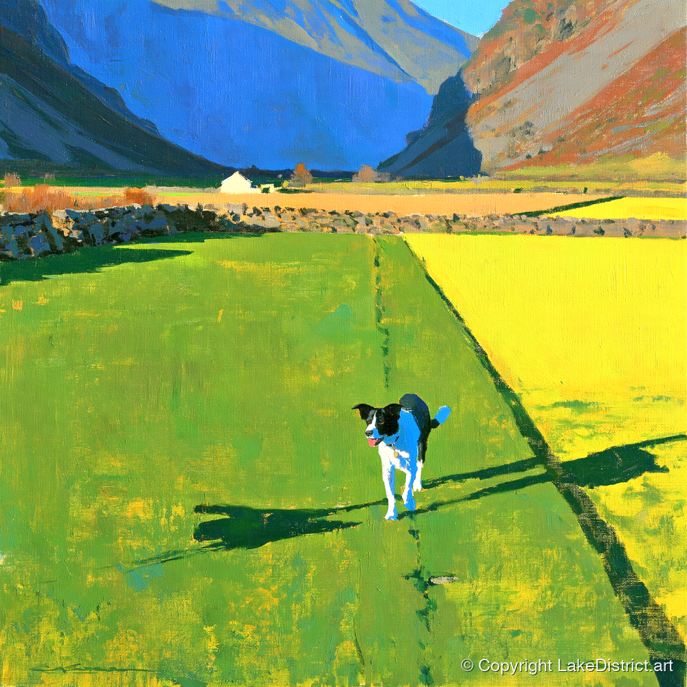 Sunlit Wasdale Valley Dog Walk - gifts for dog walkers art print and canvas by Daphne Morley A.I