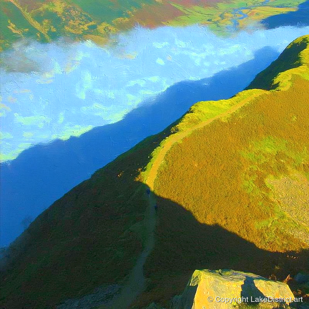 Sunlit Winding Path on Gibson Knott - lake district fell art print and canvas by Daphne Morley A.I