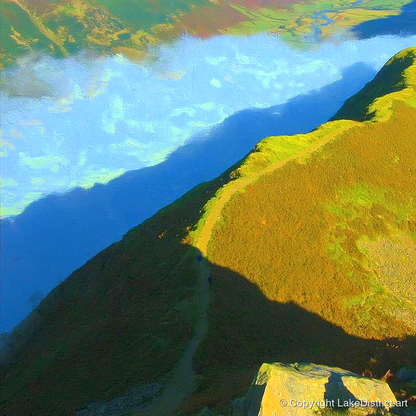 Sunlit Winding Path on Gibson Knott - lake district fell art print and canvas by Daphne Morley A.I