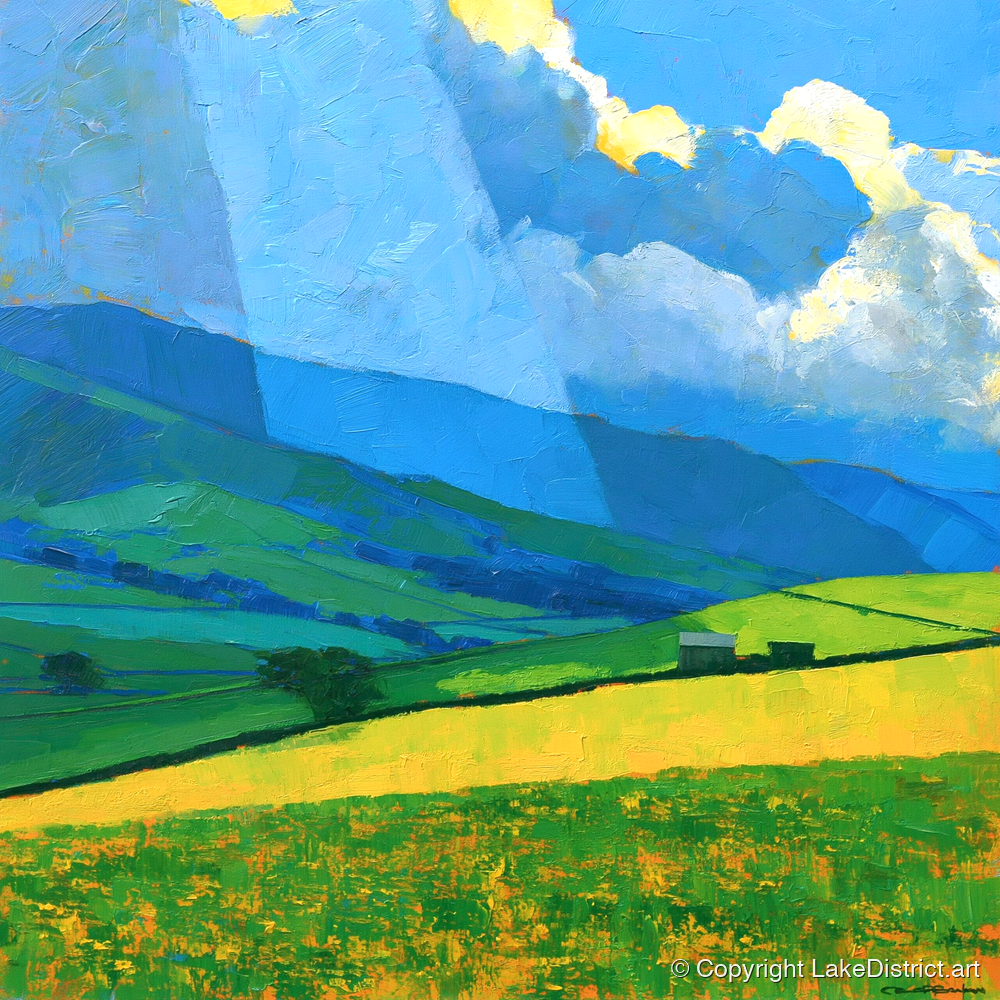 Sunlit Yellow Fields and Stormy Fells - lake district sky art print and canvas by Daphne Morley A.I