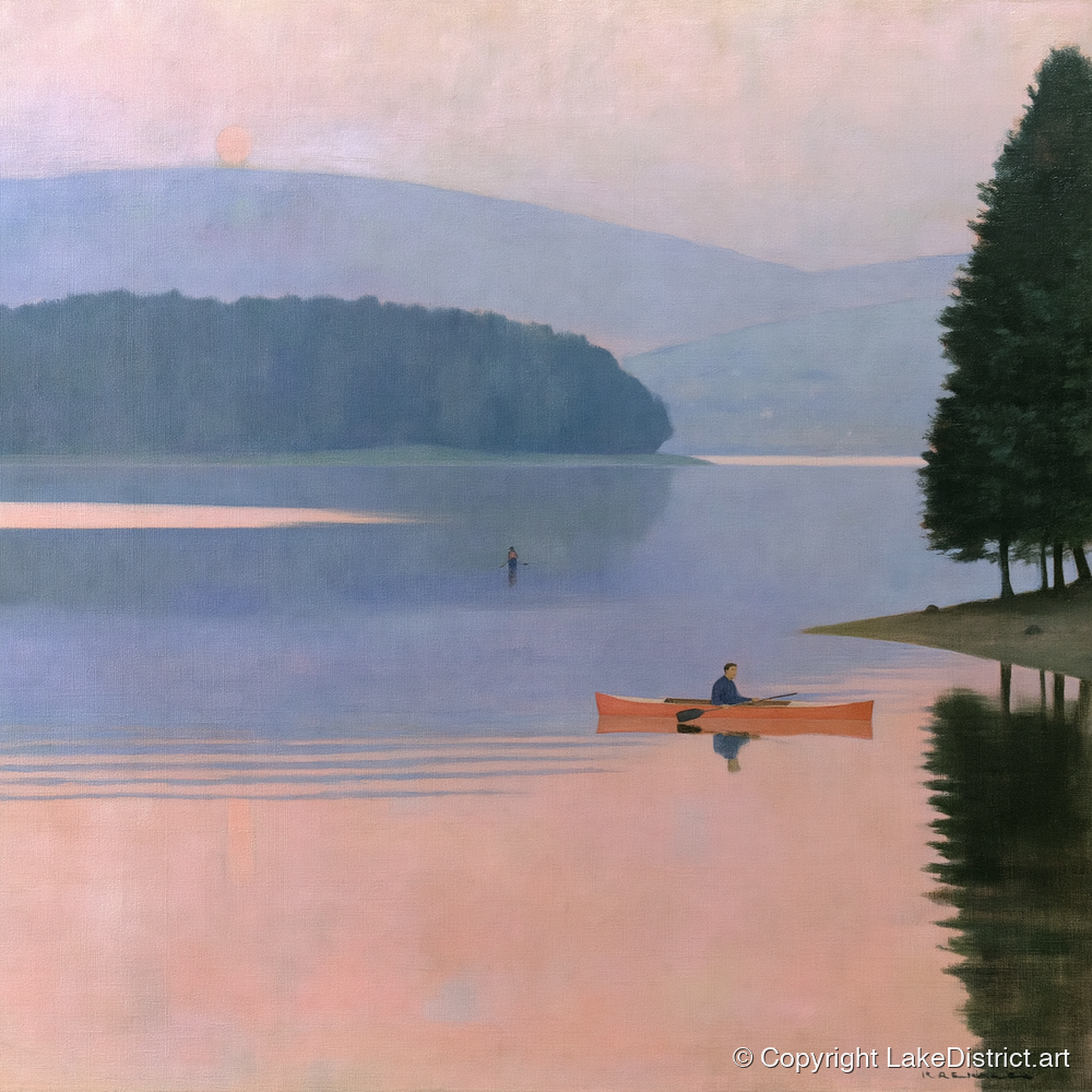 Sunrise Kayak on Pastel Waters - lake district walking art print and canvas by Alistair Thorne A.I