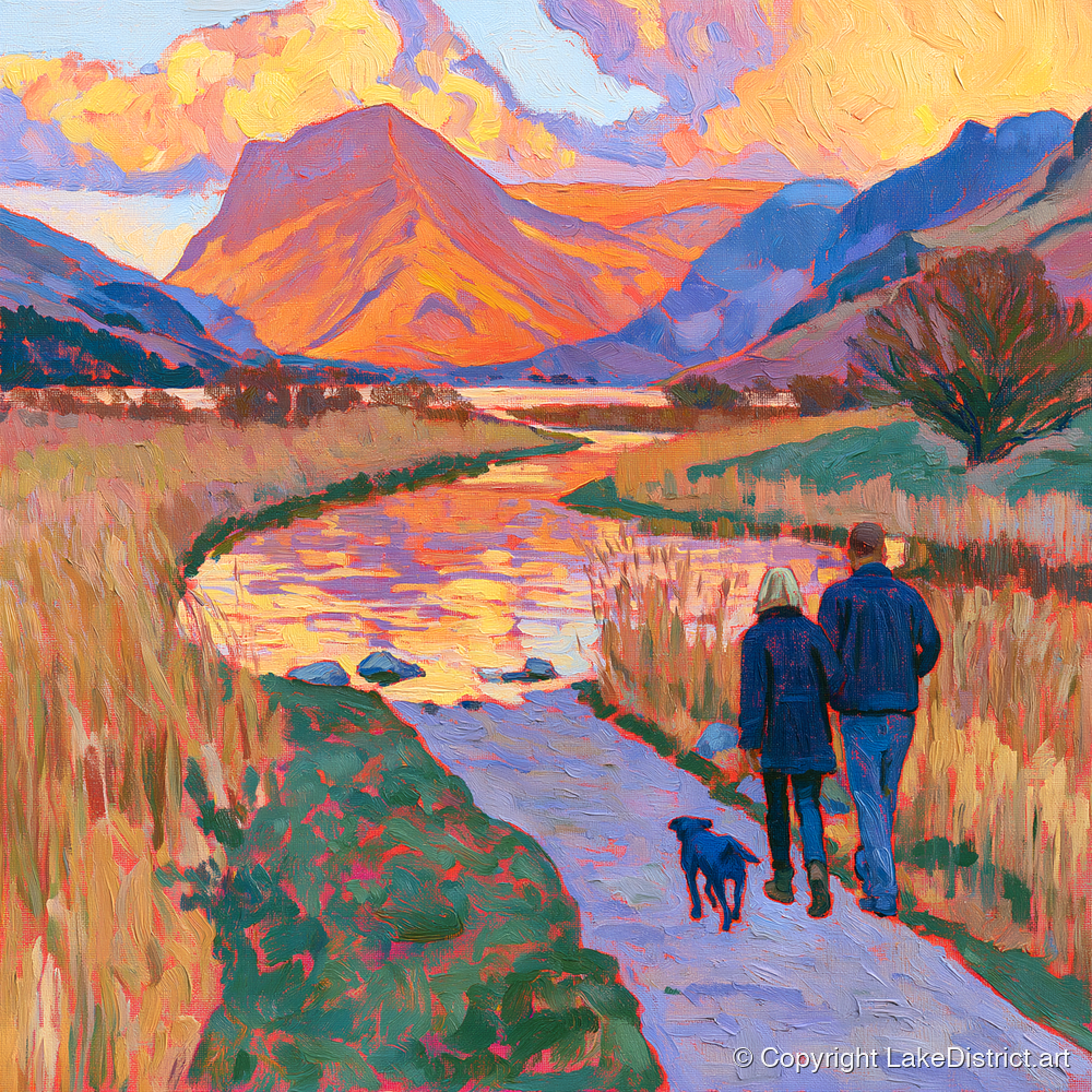 Sunset Dog Walk at Buttermere - gifts for dog walkers art print and canvas by Celia Harding A.I